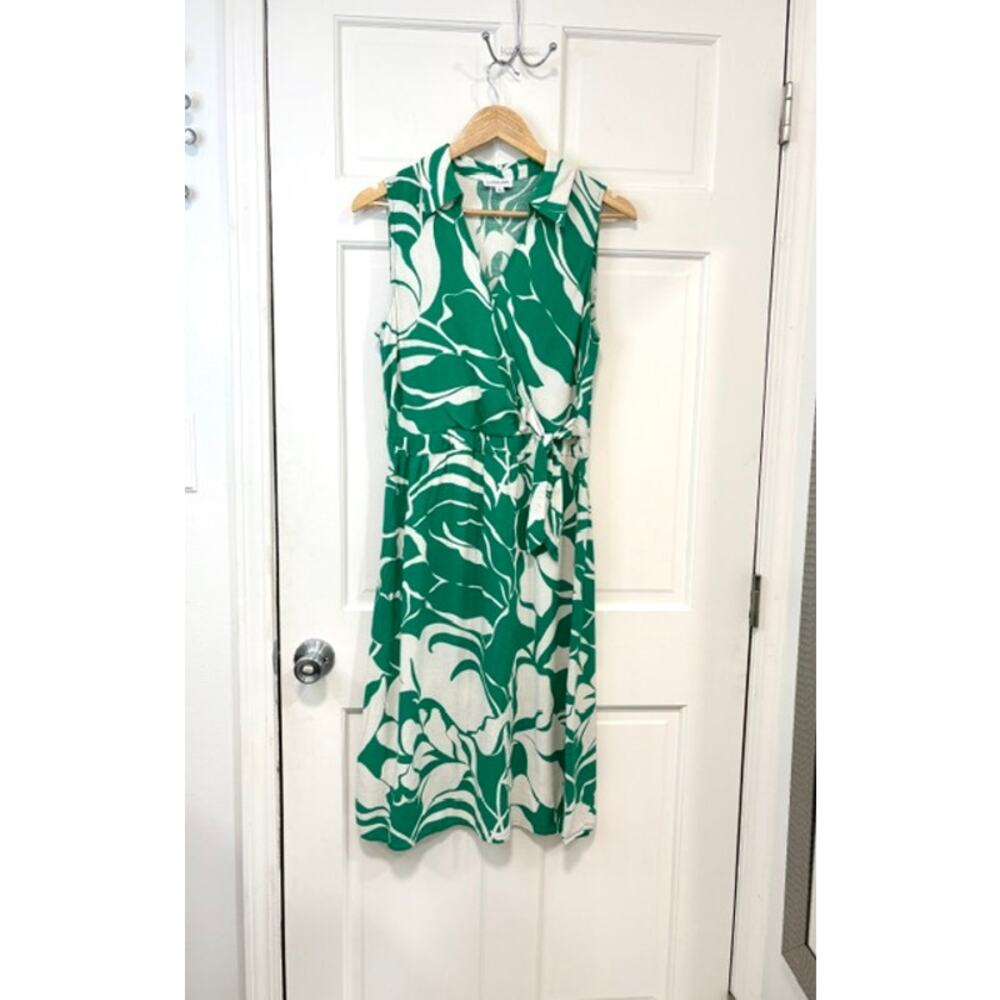 Luxology Linen Blend Sleeveless Mock Wrap Midi Dress‎ Sz M Green Tropical Leaf - Picture 2 of 12